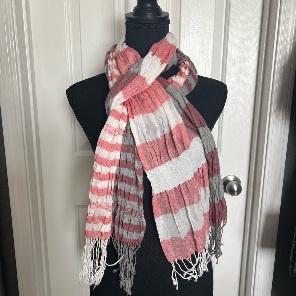 Red, White and Gray Thin Fringe Scarf
